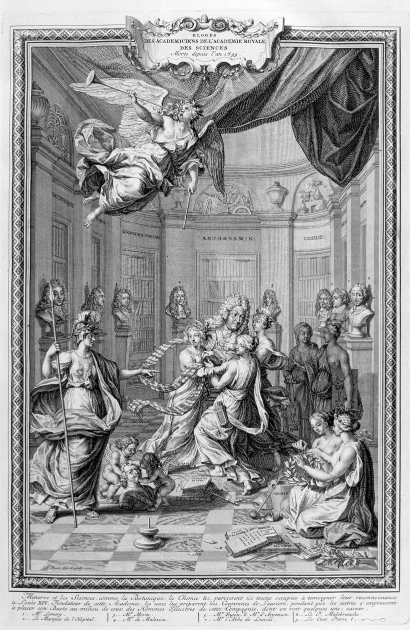 Lof van Academici van de Koninklijke Academie van Wetenschappen... 1728 door Bernard Picart