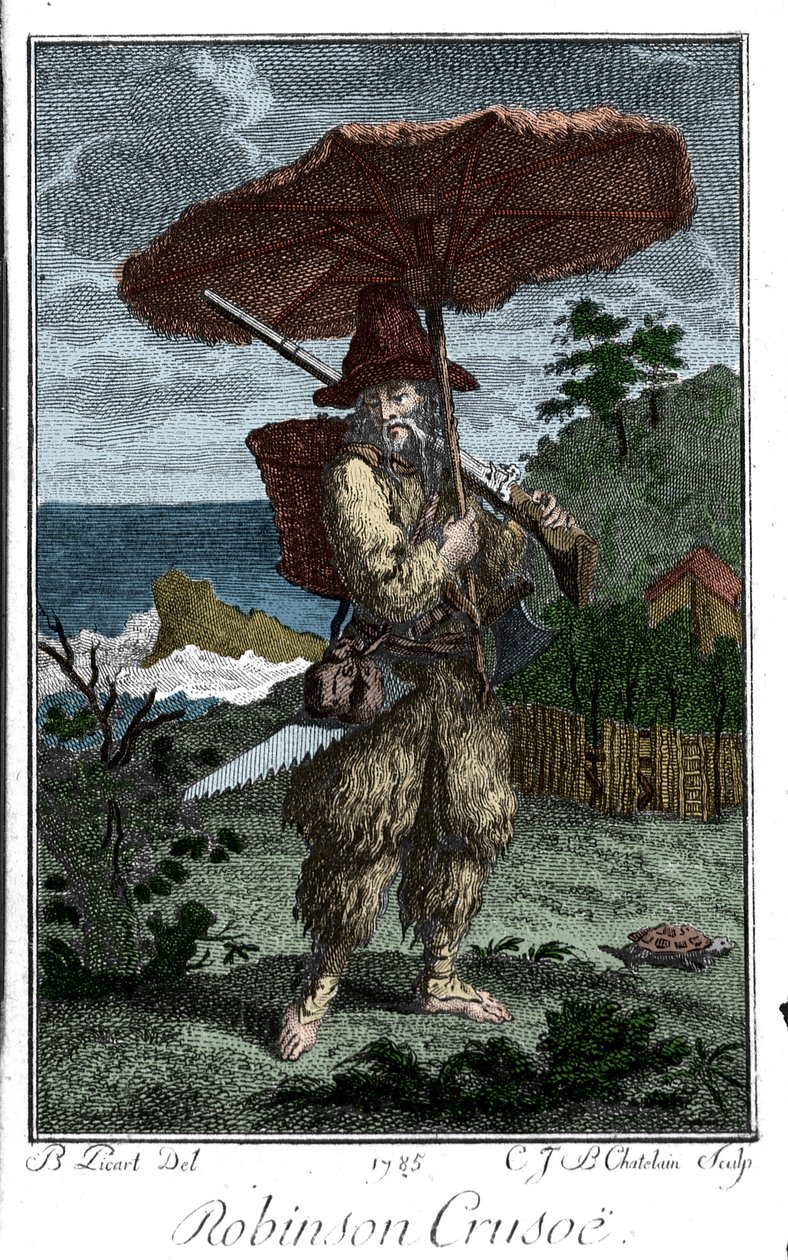 Afbeelding van Robinson Crusoe op zijn verlaten eiland (gravure door Bernard Picart ter illustratie van de roman van Daniel Defoe) door Bernard Picart