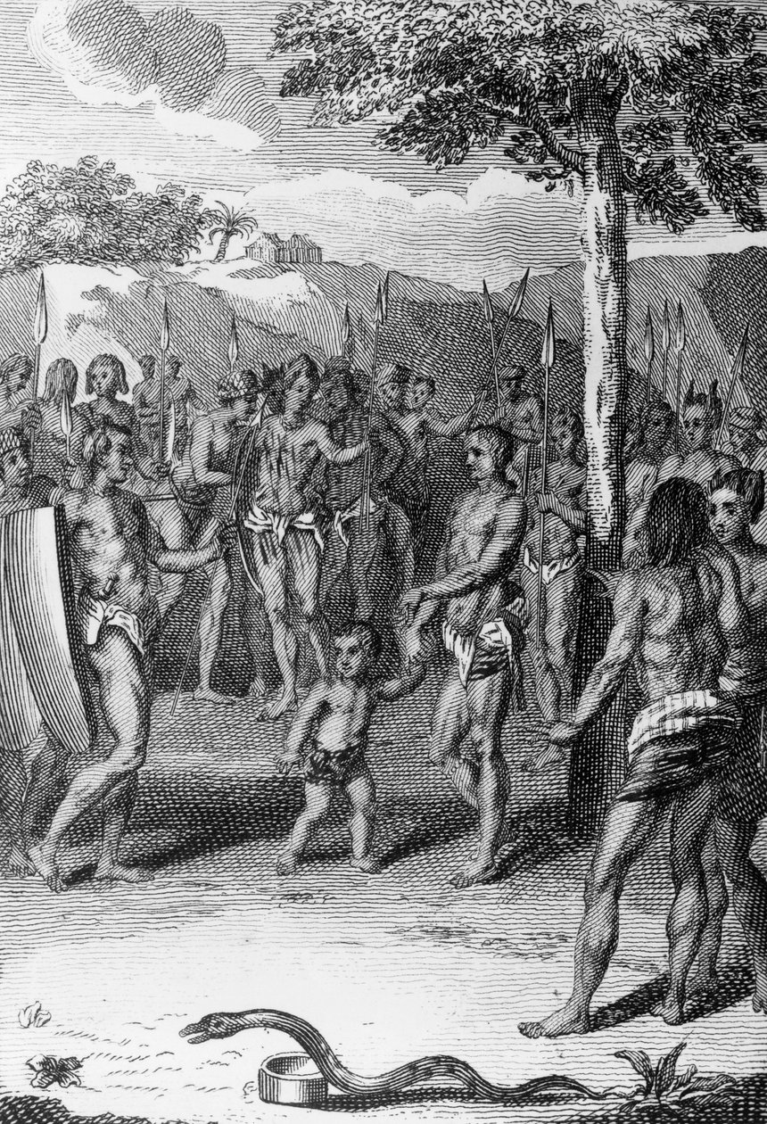 Rituele ceremonie, met slang op de voorgrond, Guinee, uit Histoire Generale des Ceremonies, moeurs, et coutumes religieuses de tous les peuples du monde, door Antoine Banier (1673-1741) en Jean Baptiste Le Mascrier (1697-1760) door Bernard Picart