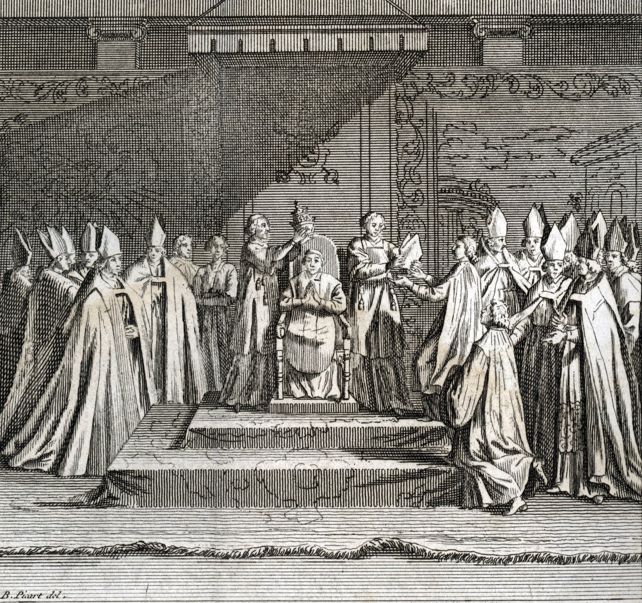 Plechtige inauguratie van het pontificaat “Voorstelling van de kroning van de paus” Gravure uit “Illustratie van ceremonies en religieuze gebruiken van alle volkeren ter wereld” door Bernard Picart (1723-1743) door Bernard Picart