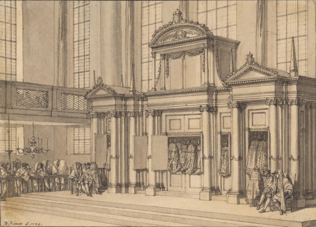 Vreugde der Wet in de Portugese synagoge te Amsterdam door Bernard Picart