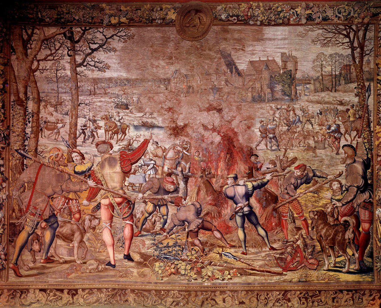 De jachten van Maximiliaan: de maand januari, Waterman, wilde zwijnenjacht, flambée, curee - Wandtapijt gemaakt in de Vlaamse ateliers door Bernard van Orley door Bernard van (after) Orley