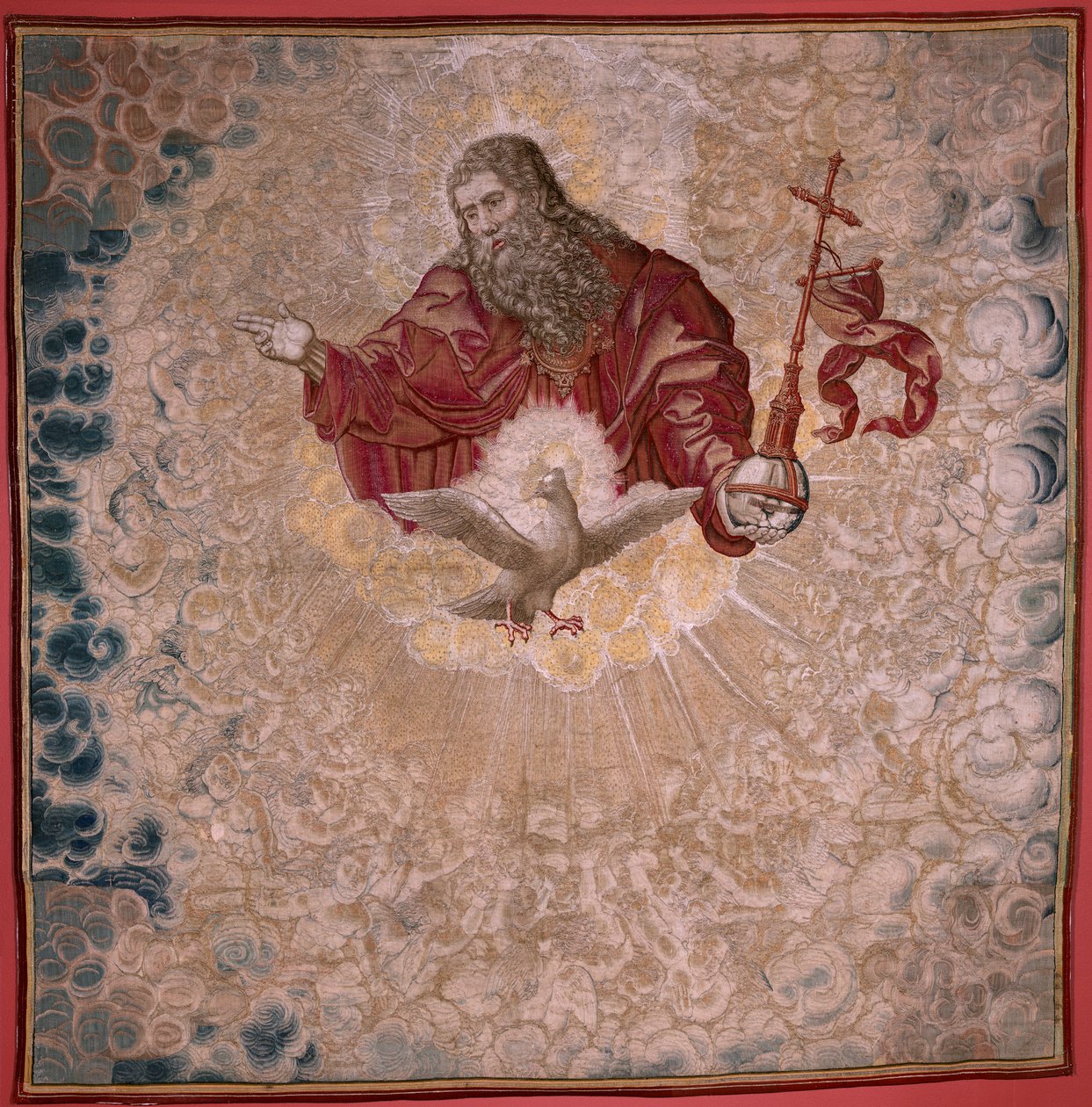 Vlaamse wandtapijt. Serie Dais van Karel V (Baldakijn van Margaretha van Oostenrijk). God de Vader en de Heilige Geest (El Padre Eterno y el Espíritu Santo). Wandtapijt baldakijn van de dais. Model Bernard van Orley (1491-1542). Fabriek Pieter de Pannemake door Bernard van Orley