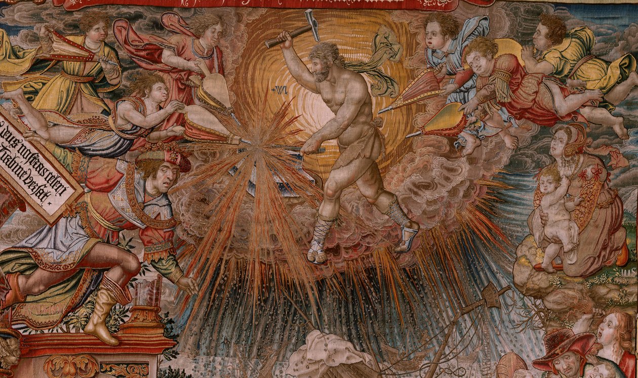 Vlaamse wandtapijt. Serie De Eerbewijzen. Fortuna, De weg naar de Eerbewijzen. Vijfde wandtapijt in de serie. Model Tekenaar uit de kring van Bernard van Orley en Jan Gossaert de Mabuse. Fabrikant Pieter van Aelst, Brussel. door Bernard van Orley