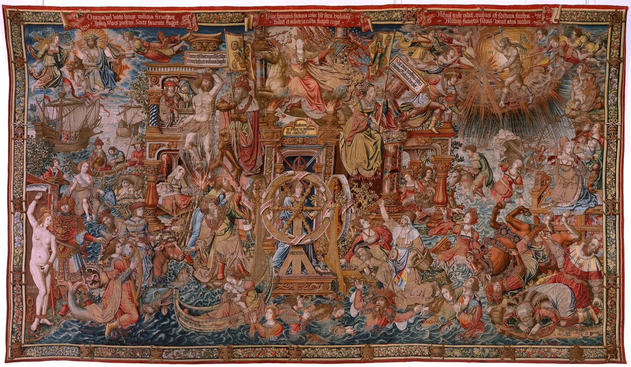Vlaamse wandtapijt. Serie De Eerbewijzen. Fortuin, De weg naar de Eerbewijzen. Vijfde wandtapijt in de serie. Model Cartonisten uit de kring van Bernard van Orley en Jan Gossaert de Mabuse. Fabriek Pieter van Aelst, Brussel. door Bernard van Orley