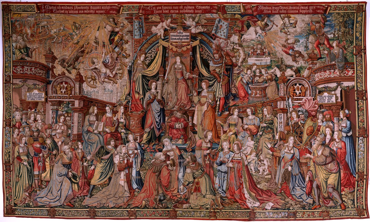 Vlaams wandtapijt. Serie De Eerbewijzen. Gerechtigheid. Negende wandtapijt in de serie. Model Tekenaar uit de kring van Bernard van Orley en Jan Gossaert (Mabuse). Manufacture Pieter van Aelst, Brussel. Ca 1550. door Bernard van Orley