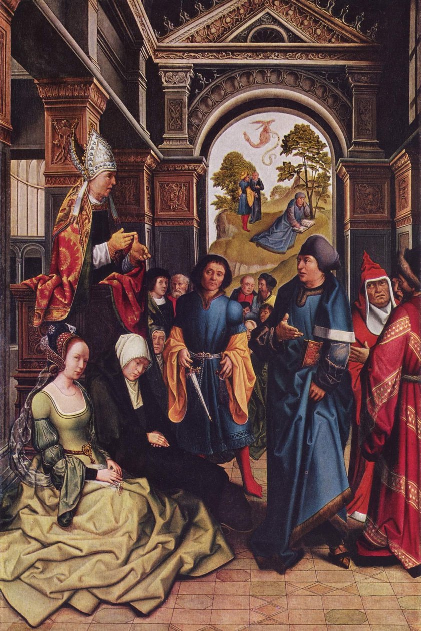 Preek van de heilige Ambrosius buiten: twee staande heilige bisschoppen door Bernard van Orley