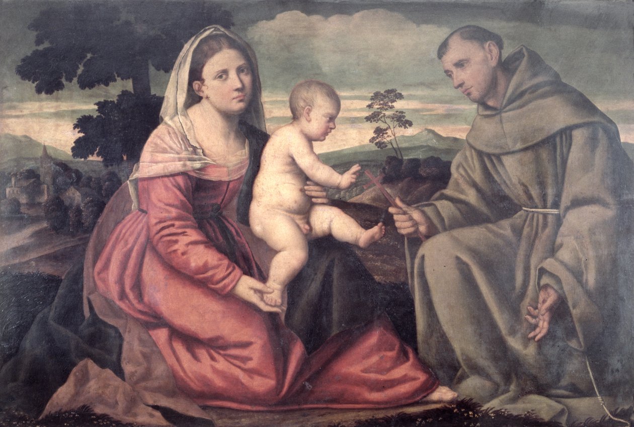 Madonna en Kind met St. Franciscus door Bernardino Licinio