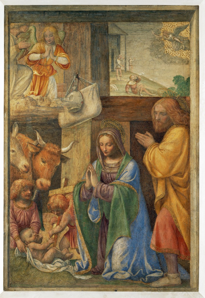 De geboorte van Jezus en de aankondiging aan de herders. - Geboorte en ... door Bernardino (attr. to) Luini