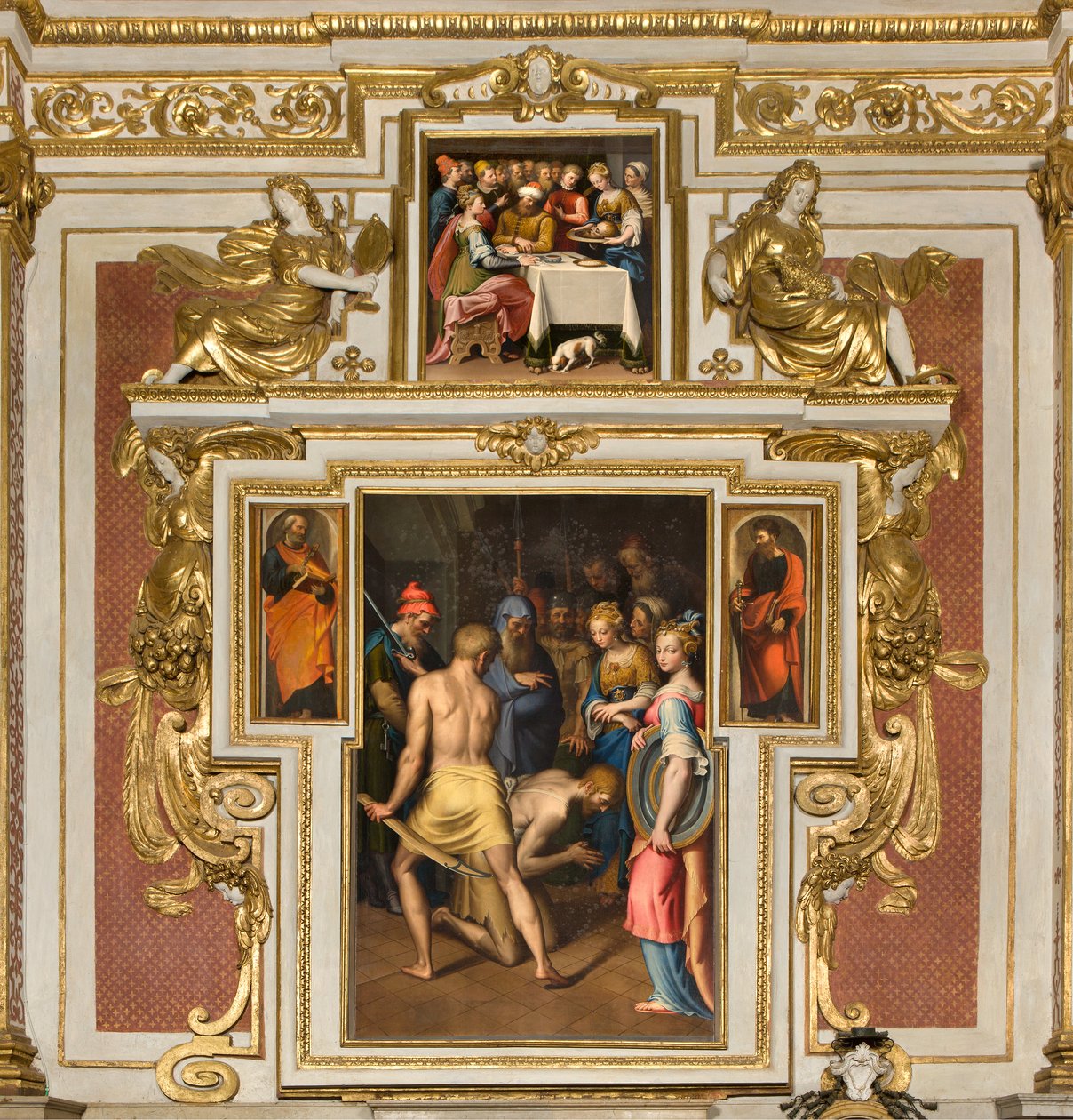 Kapel van Onze Lieve Vrouw van het Volk, Tweede span noordzijde, Onthoofding van de Doper 1569, Aan de zijkanten St. Peter en St. Paul 1520-30, Banket van Herodes 1569 door Bernardino Campi