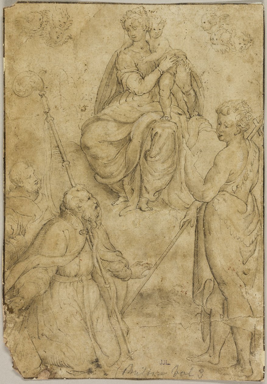 Zittende Maagd en Kind met bisschop en kloosterheilige, en de heilige Johannes de Doper door Bernardino Campi