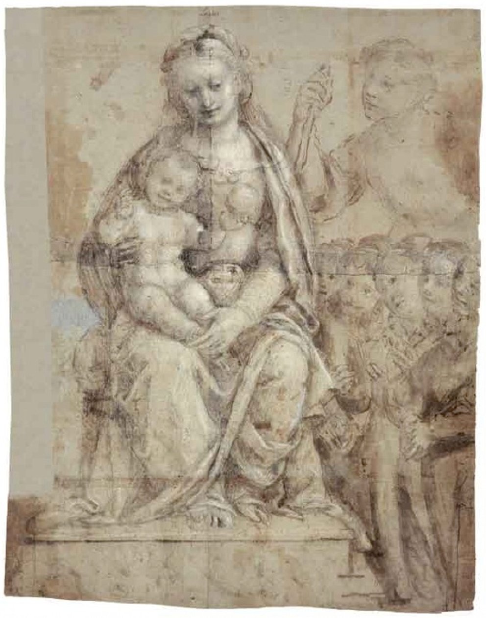 Madonna met kind, een krijgerheilige (Michael) en een groep aanbidders door Bernardino Lanino