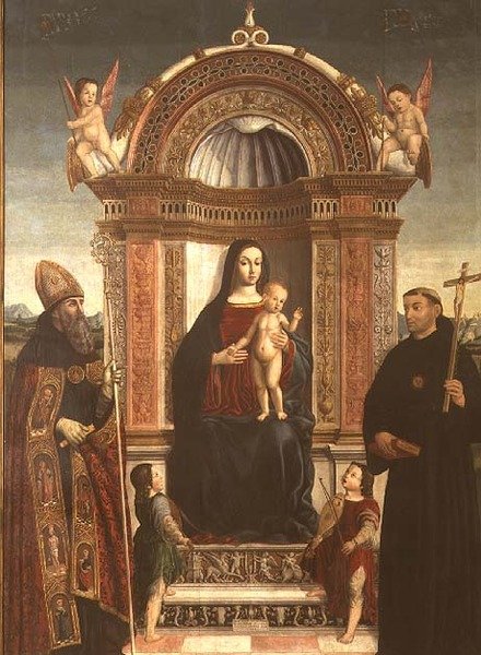 Madonna en Kind met St. Nicolaas van Tolentino en St. Augustinus door Bernardino Loschi