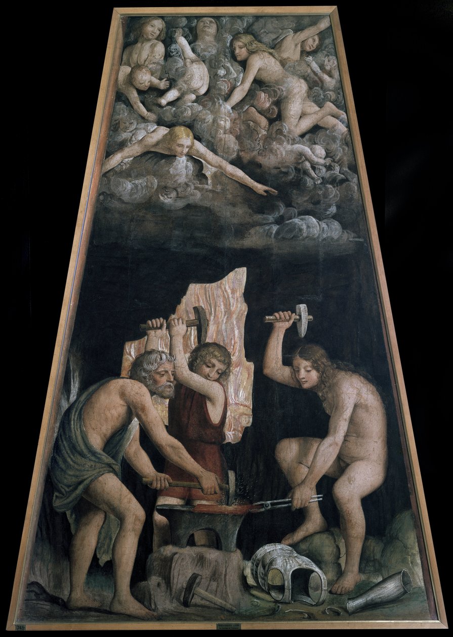 Goddelijke wapens gesmeed in de smidse van Vulcanus voor enkele engelen liggend in de wolken, detail (fresco) door Bernardino Luini