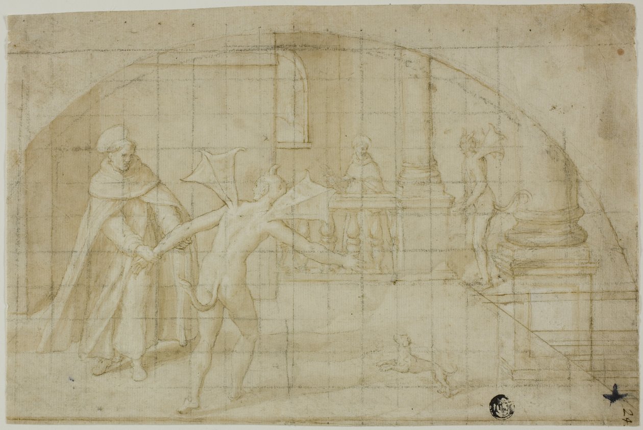 Ontwerp voor een lunet: Duivels en heilige in een klooster door Bernardino Poccetti