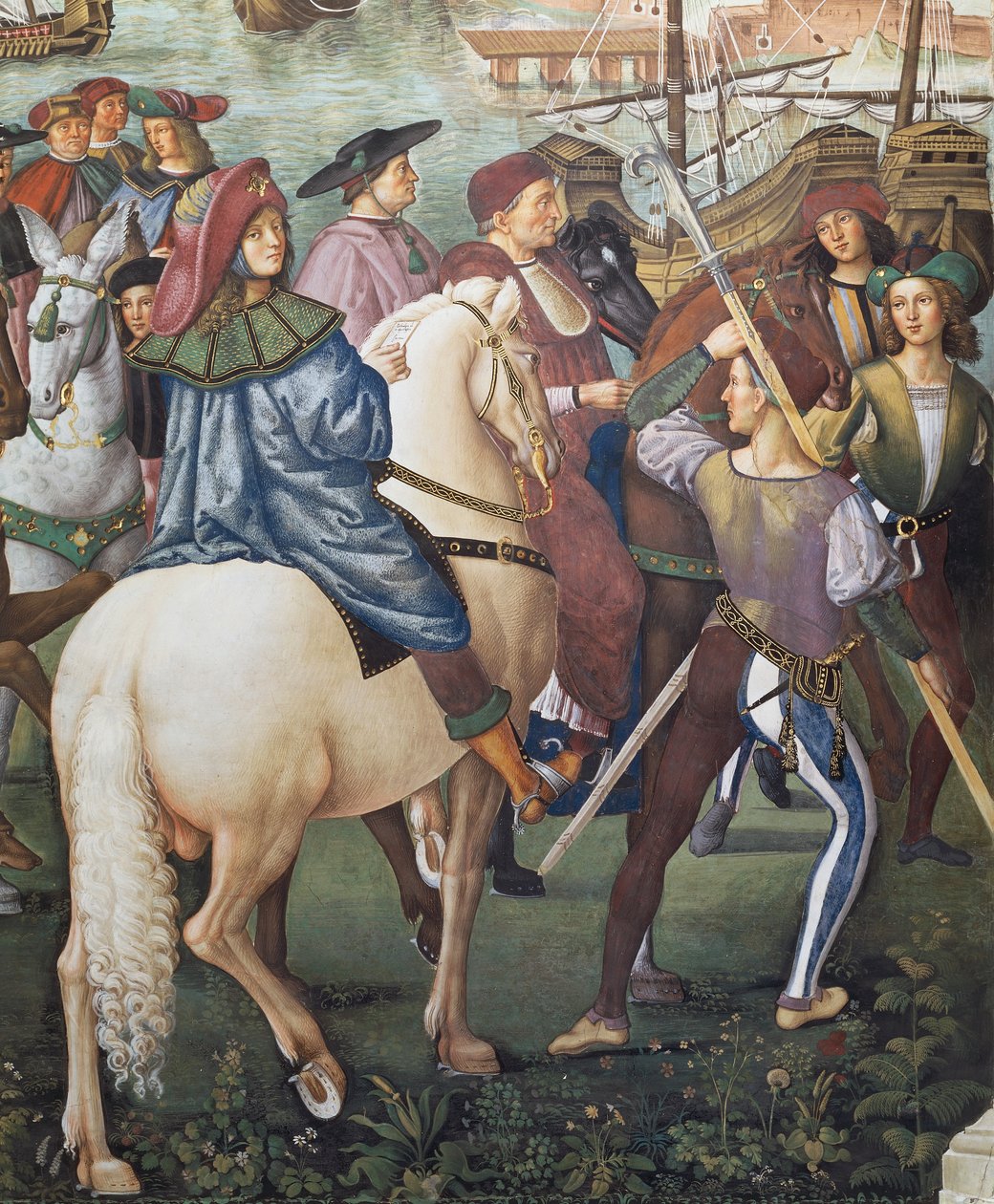 Enea Silvio Piccolomini vertrekt naar Basel als secretaris van de bisschop van Ferrara, detail uit de Verhalen van Pius II door Bernardino di Betto Pinturicchio