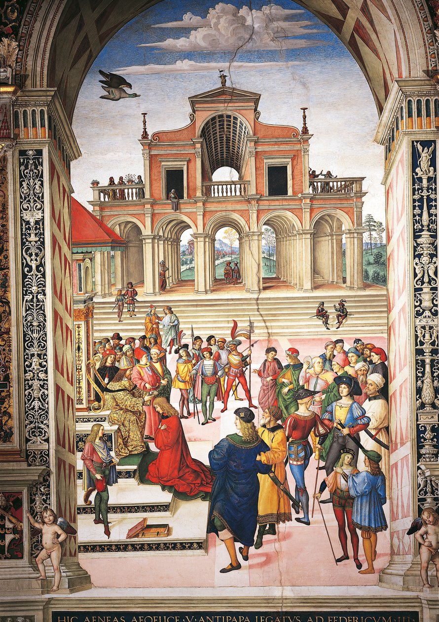 Italië, Siena, Kathedraal, Piccolomini Bibliotheek, Enea Silvio Piccolomini wordt tot dichter gekroond door Keizer Frederik III, detail uit Verhalen van Pius II door Bernardino di Betto Pinturicchio