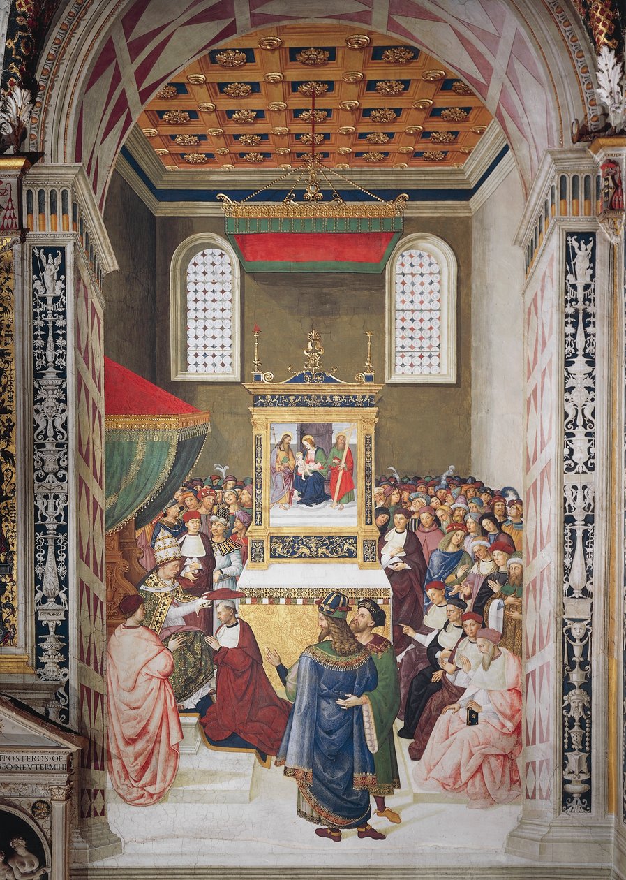 Enea Silvio Piccolomini ontvangt kardinaalshoed van Calixtus III (detail) door Bernardino di Betto Pinturicchio