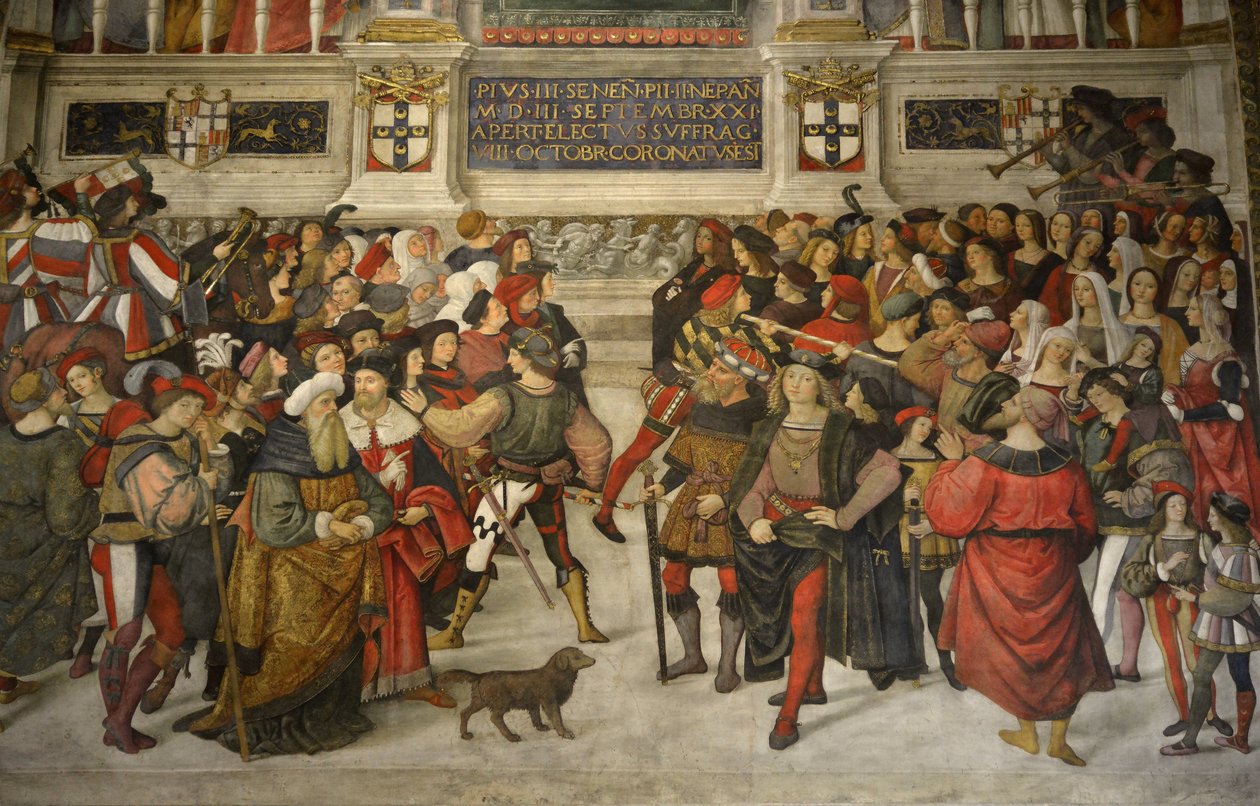 Italië Toscane Siena, Kathedraal De Duomo: De kroning van Pius II (1405-1464) door Bernardino di Betto Pinturicchio