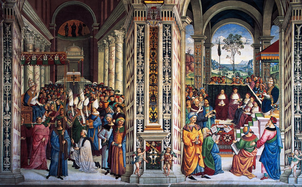 Pius II arriveert in Ancona om een kruistocht te beginnen (16e eeuw), fresco door Pinturicchio (1452-1513), Piccolomini-bibliotheek, Kathedraal van Siena, Toscane, Italië door Bernardino di Betto Pinturicchio
