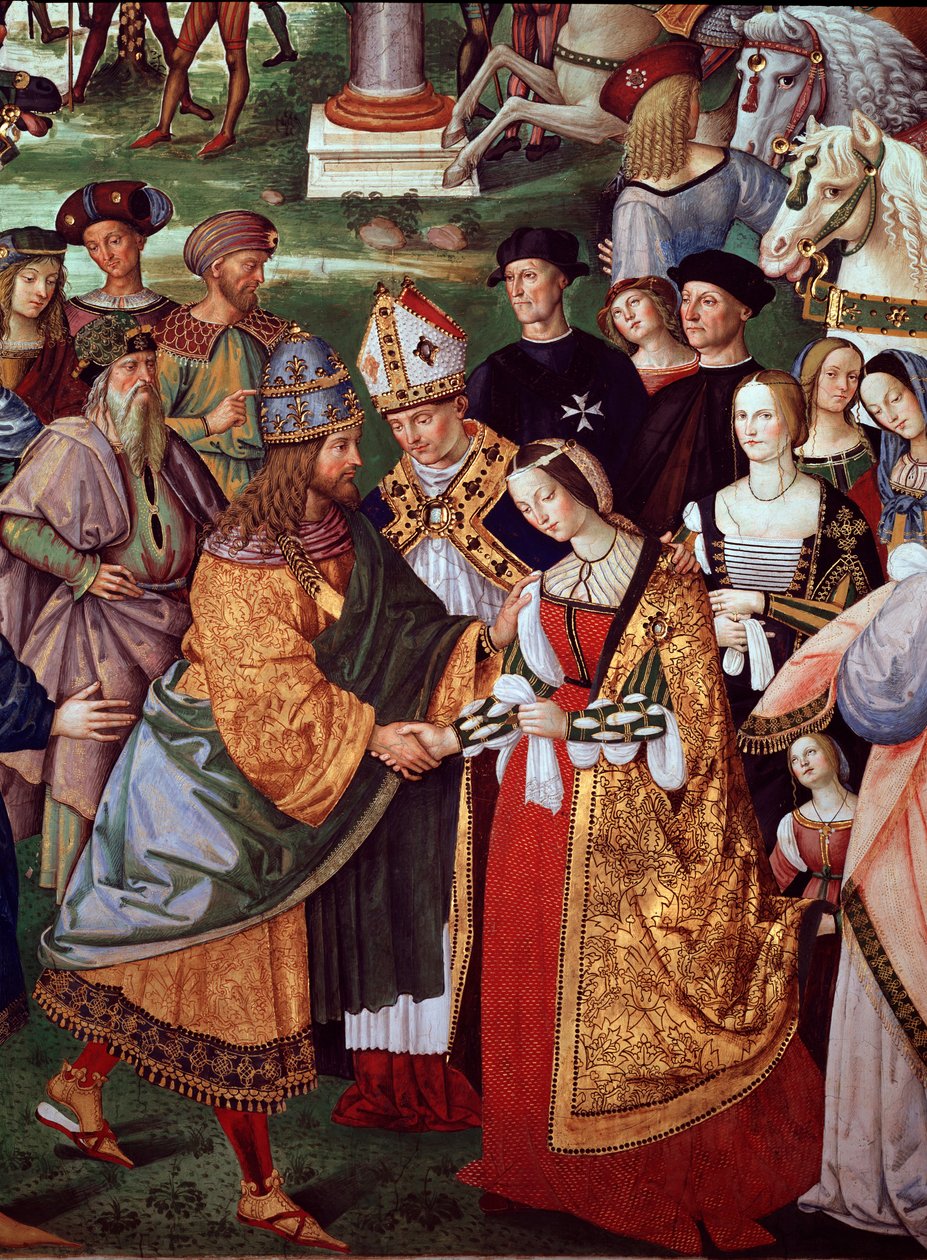 Dichter Enee Silvio Piccolomini presenteert Eleonore van Portugal aan Keizer Frederik III van het Heilige Roomse Rijk bij de Camollia-poort. Detail van het leven van paus Pius II door Bernardino di Betto Pinturicchio