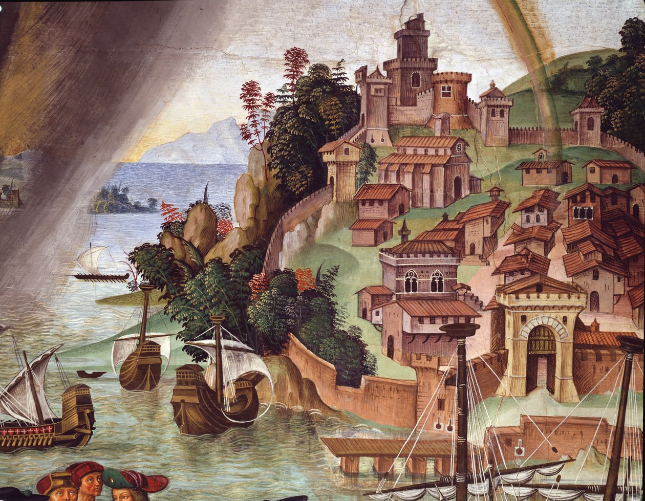 Paus Pius II gaat naar het Concilie van Basel. (detail) door Bernardino di Betto Pinturicchio