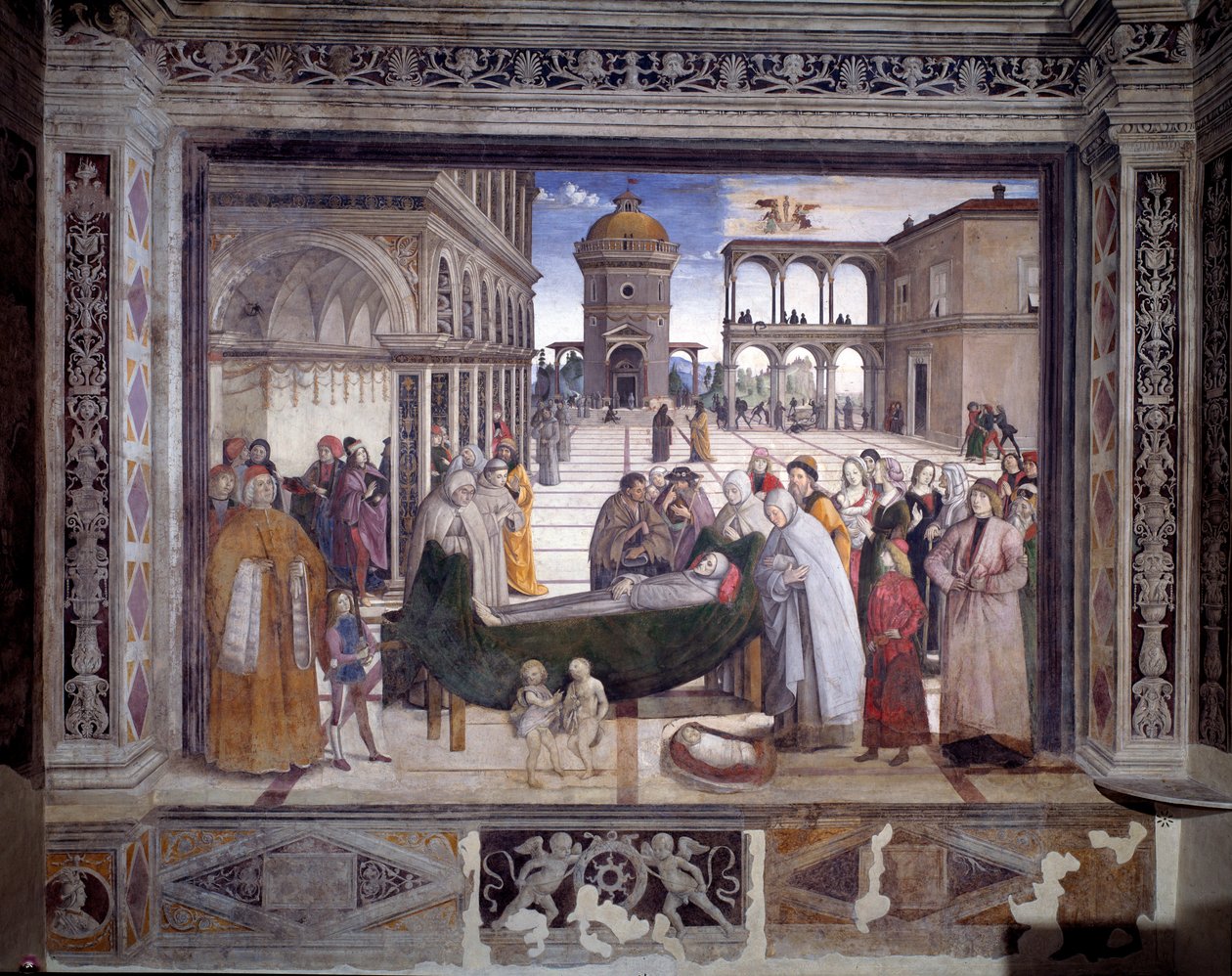 Verhaal van Sint Bernardin, de dood van de heilige door Bernardino di Betto Pinturicchio