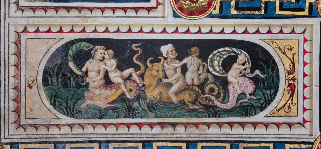 Piccolomini Bibliotheek, het plafond: kleiner paneel met scène van maritieme thiasus door Bernardino di Betto Pinturicchio