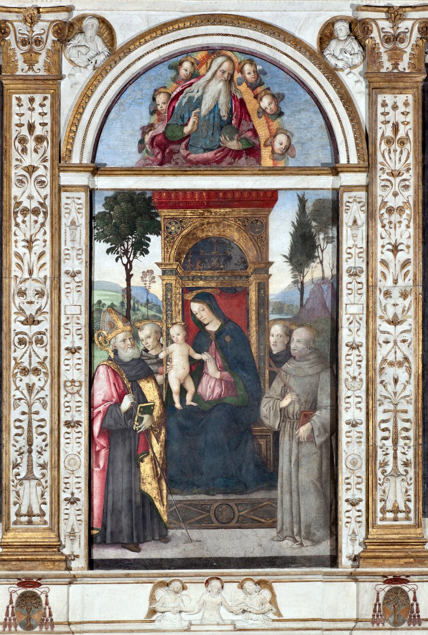 Maagd met kind en Sint Augustinus, Sint Franciscus en Sint Antonius van Padua - Fresco door Pinturicchio (Bernardino di Betto) (1454-1513) 1484-1492 Rome, Basiliek van Santa Maria del Popolo, Kapel Basso della Rovere Italië door Bernardino di Betto Pinturicchio