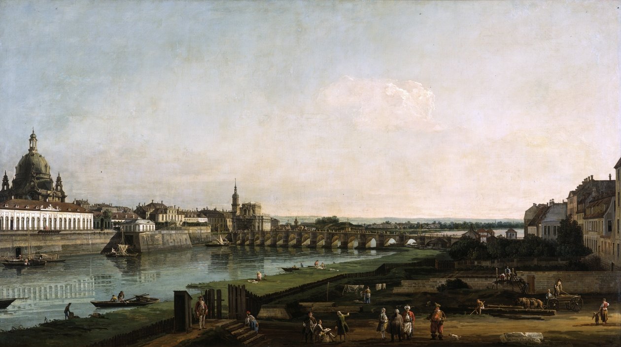 Dresden vanaf de rechteroever van de Elbe, boven de Augustusbrug door Bernardo Bellotto