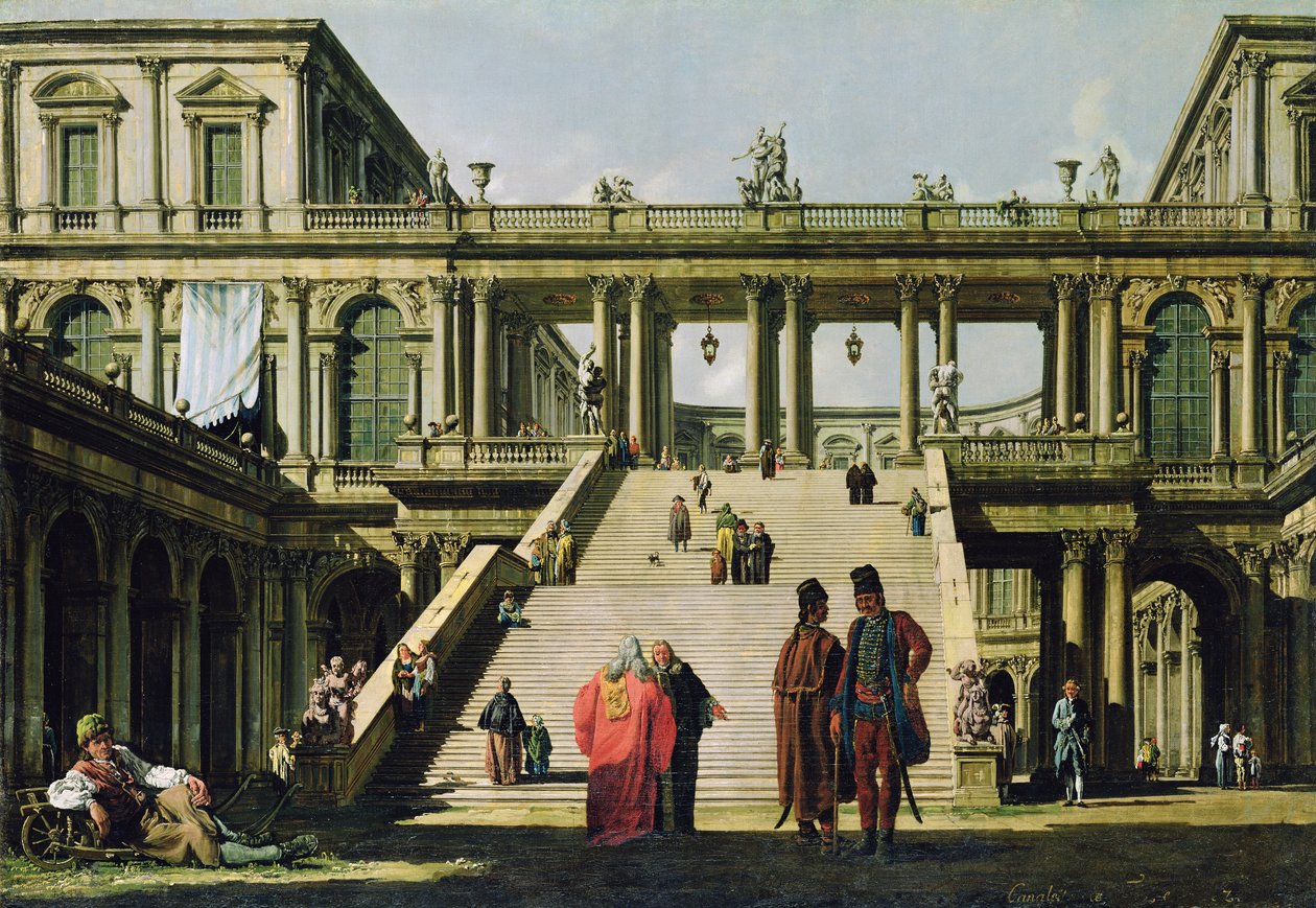 Ideaal landschap met paleistrappen, 1762 door Bernardo Bellotto