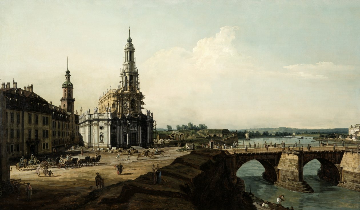 Uitzicht op Dresden vanaf de linkeroever van de Elbe, vanaf de brugkop van het historische stadscentrum door Bernardo Bellotto