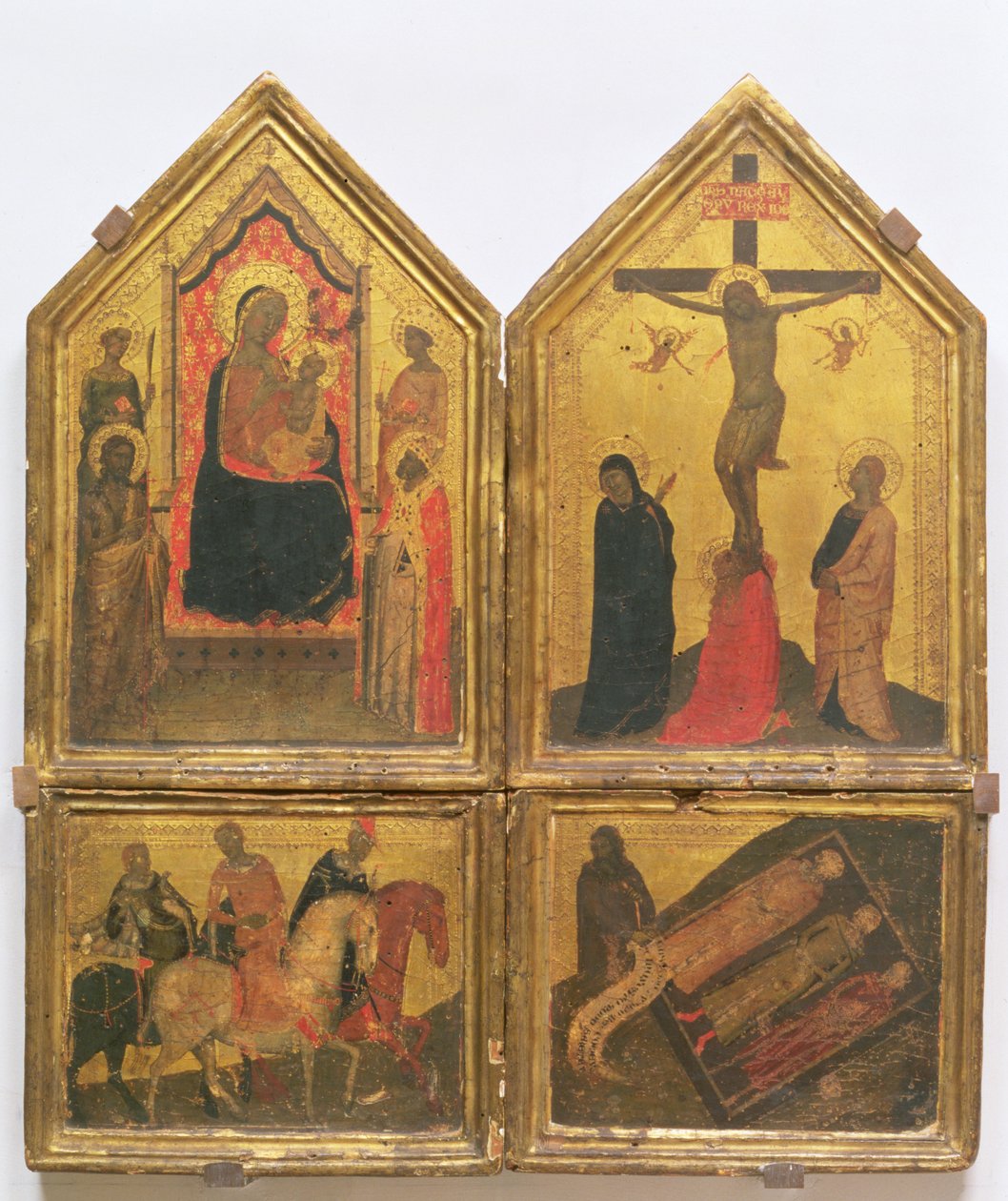 Madonna en Kind met Heiligen, de Kruisiging en de Legende van de Drie Levenden en de Drie Doden door Bernardo Daddi