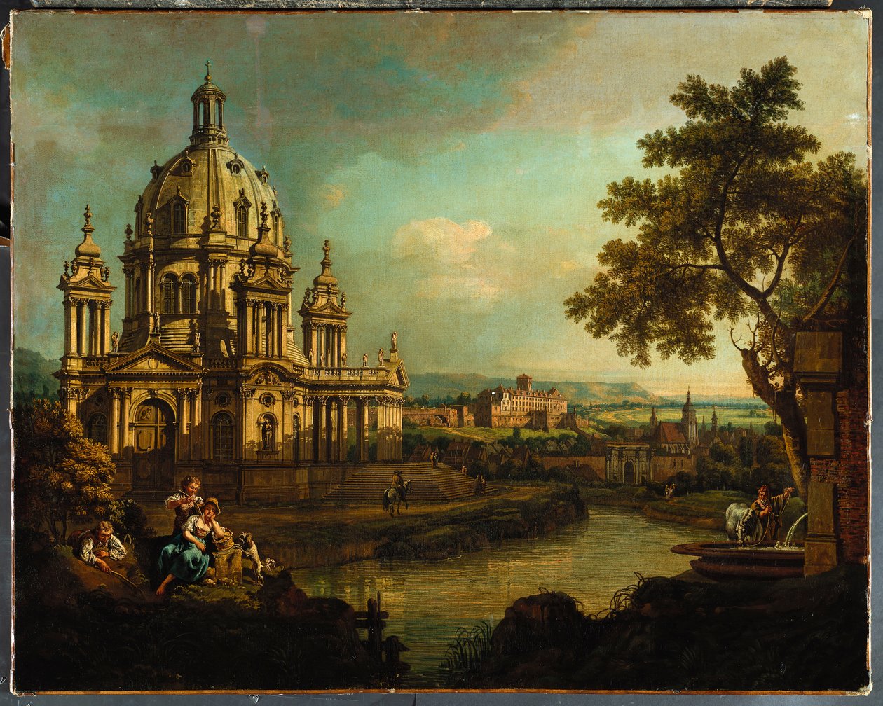 Een capriccio met een koepelkerk en gebouwen in Pirna door Bernardo Bellotto