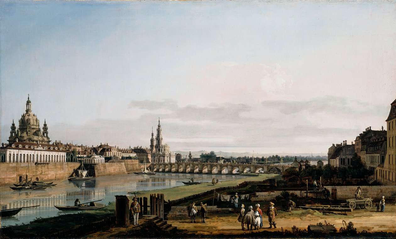 Dresden vanaf de rechteroever van de Elbe, boven de Augustusbrug door Bernardo Bellotto