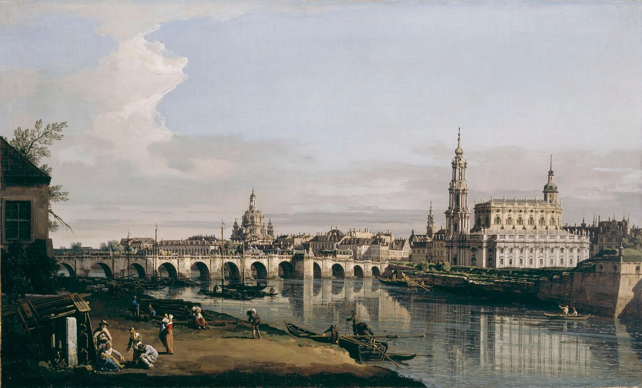Dresden vanaf de rechteroever van de Elbe, onder de Augustusbrug door Bernardo Bellotto
