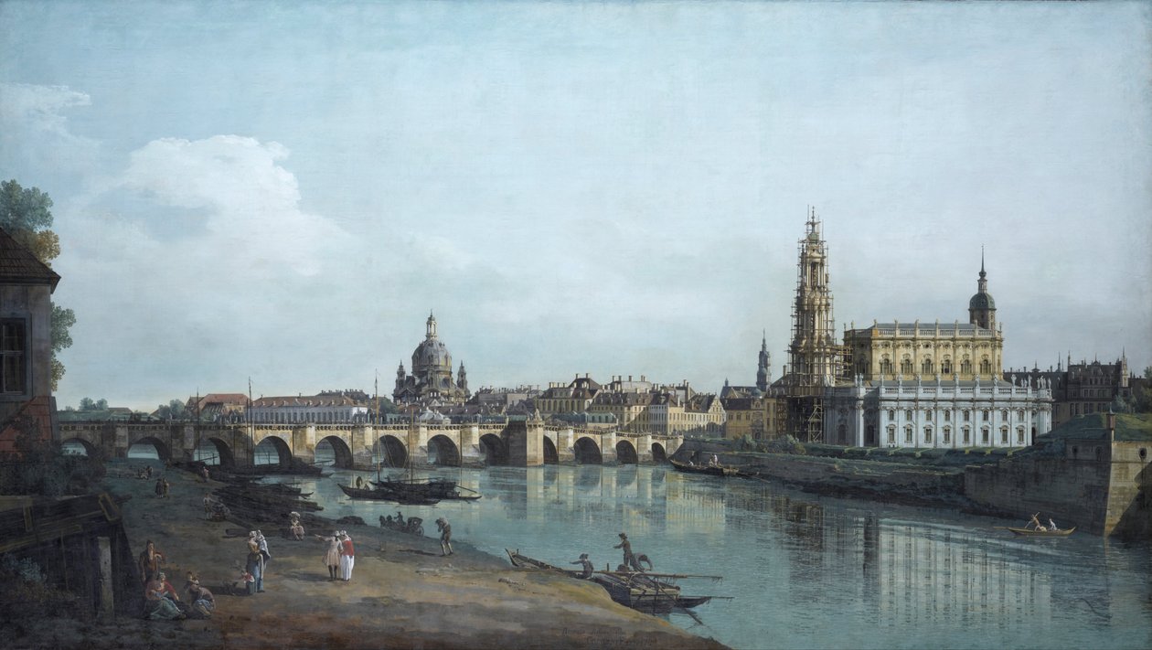 Dresden gezien vanaf de rechteroever van de Elbe, onder de Augustusbrug door Bernardo Bellotto