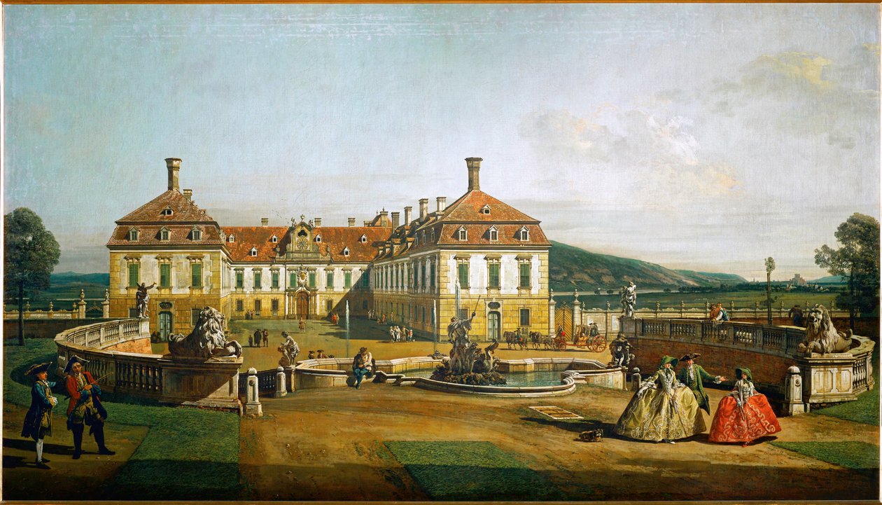 Kasteel Schlosshof, Oostenrijk, gezien vanuit de tuinen, gebouwd door prins Eugen van Savoye ... (olieverf op doek) door Bernardo Bellotto