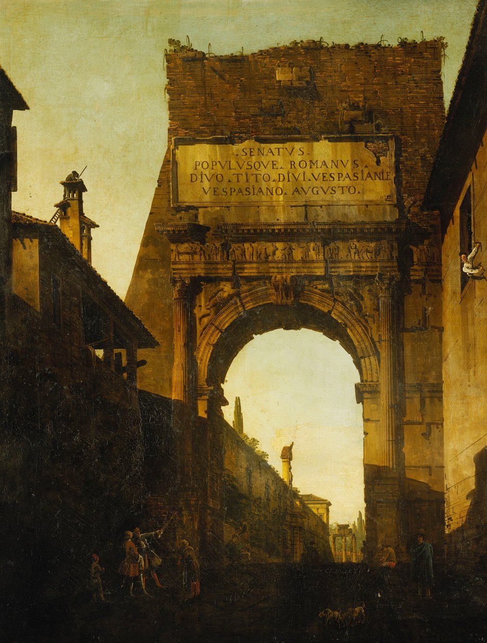 De boog van Titus, Rome, met de muur en poort van de Farnese-tuinen en de tempel van Castor en Pollux daarachter, twee toeristen op de voorgrond door Bernardo Bellotto