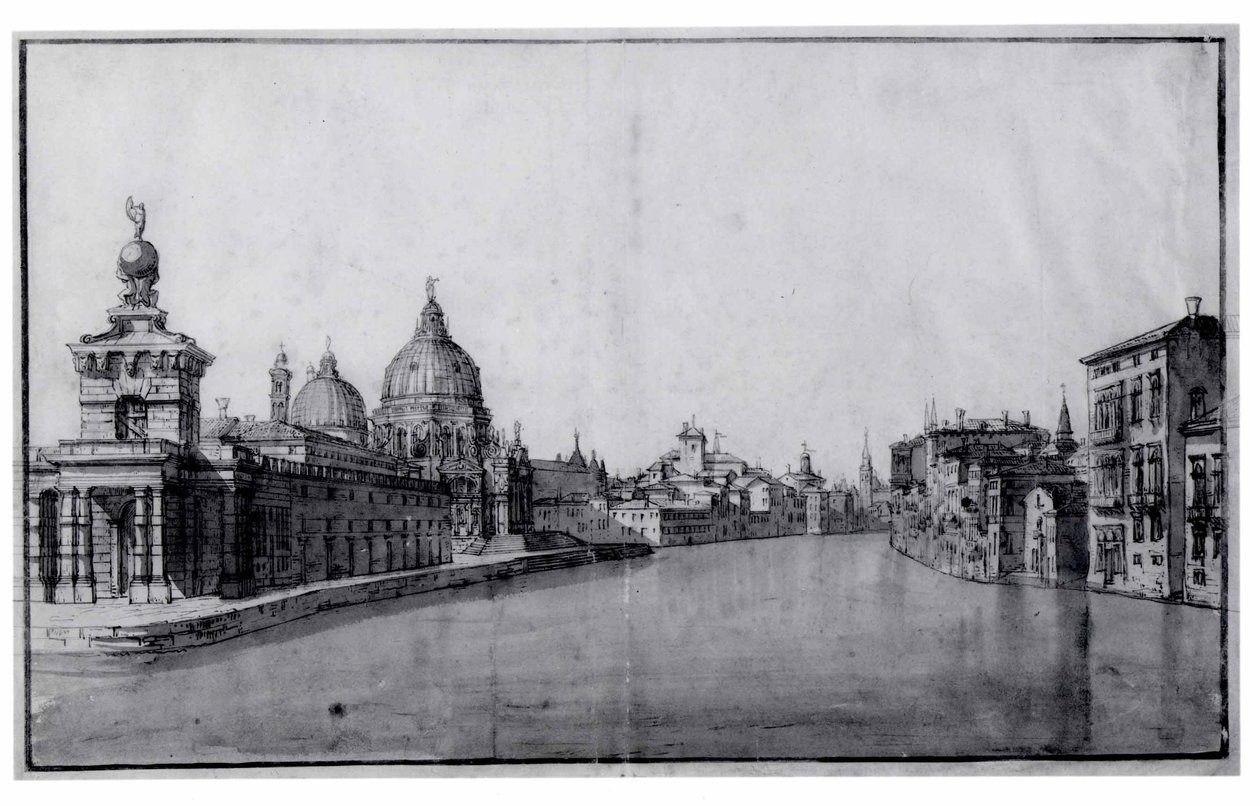 De toegang tot het Canal Grande, met de Dogana da Mar en Santa Maria della Salute links door Bernardo Bellotto