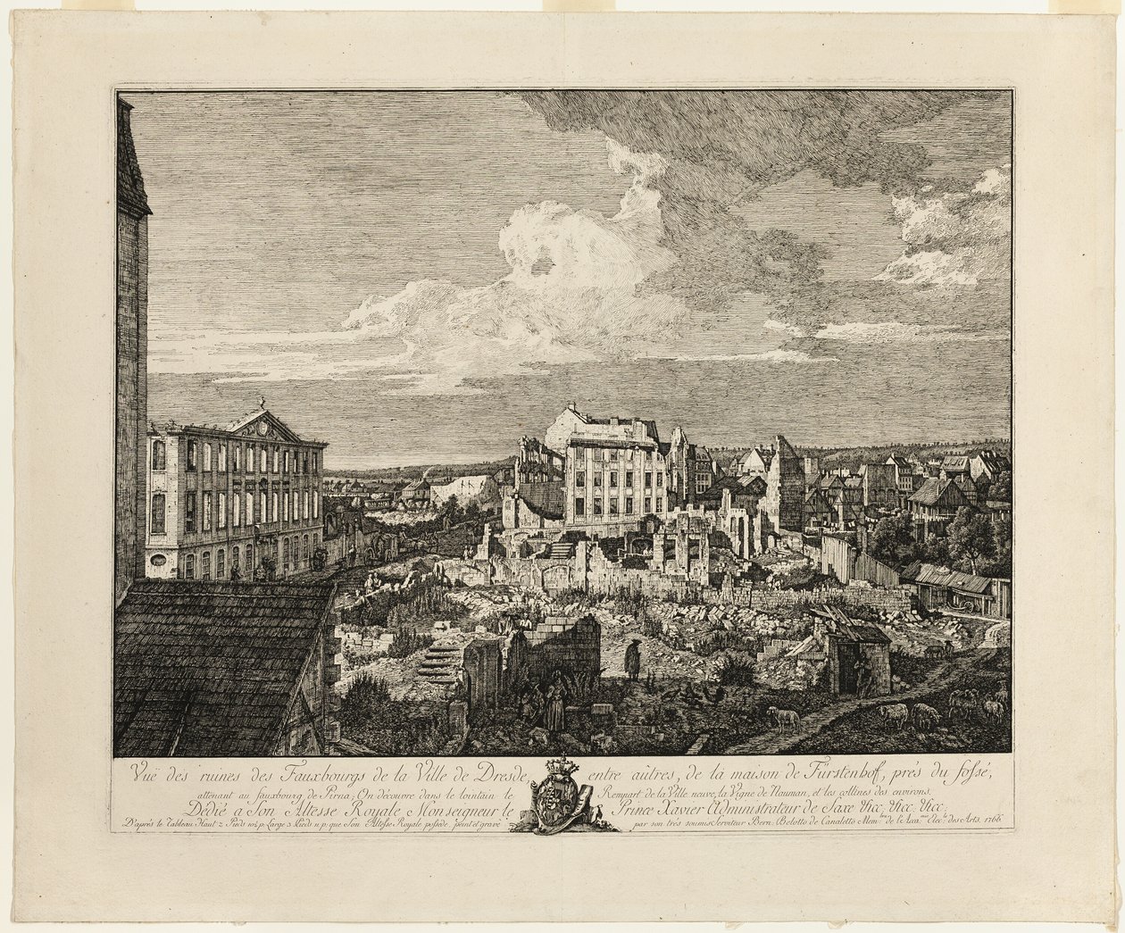 De ruïnes van de Pirnaischer buitenwijk met het Palais Fürstenhof door Bernardo Bellotto