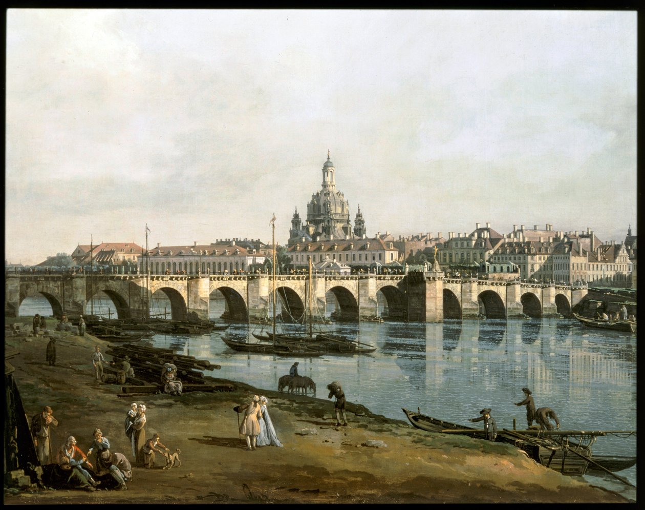 Gezicht op Dresden vanaf de rechterkant van de rivier de Elbe, onder de Augustusbruecke ... (schilderij op doek) door Bernardo Bellotto