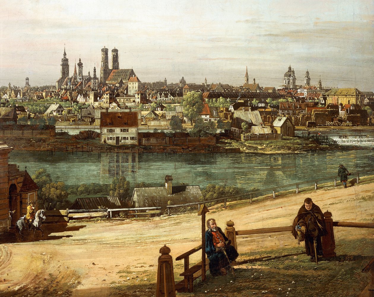 Uitzicht op München vanuit Haidhausen met de rivier de Isar in het midden (detail) door Bernardo Bellotto