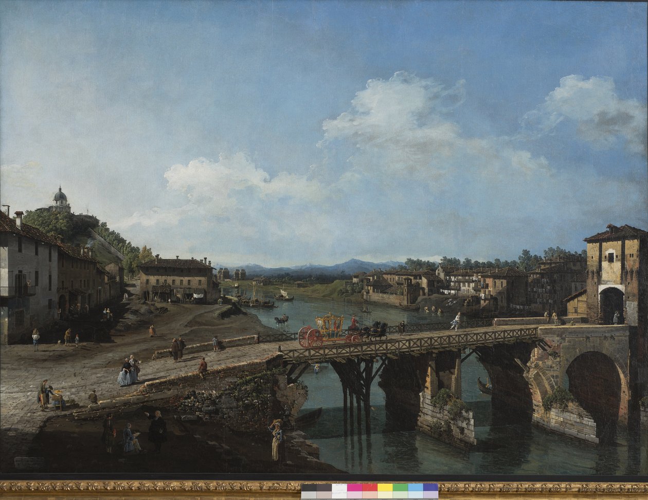 Zicht op de oude brug over de Po in Turijn door Bernardo Bellotto