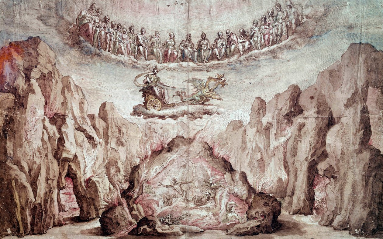 Project voor het decor en de machines van een intermezzo, Le Tromphe de Circe. Tekening door Bernardo Buontalenti, ook bekend als delle Girandole (ca. 1523-1608) door Bernardo Buontalenti