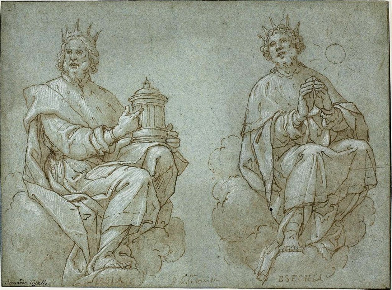 Twee Zittende Koningen van Juda; Josia en Hizkia door Bernardo Castello