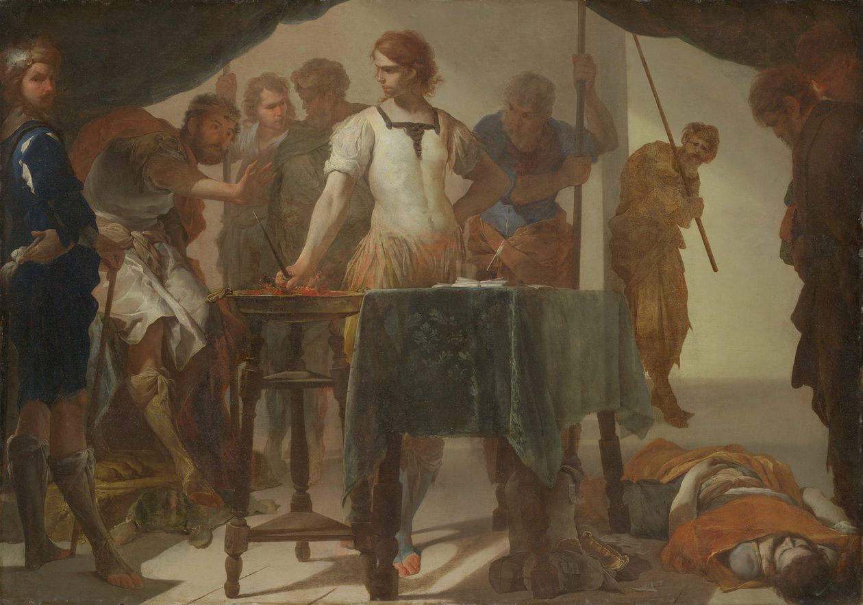 Mucius Scaevola in confrontatie met koning Porsenna door Bernardo Cavallino