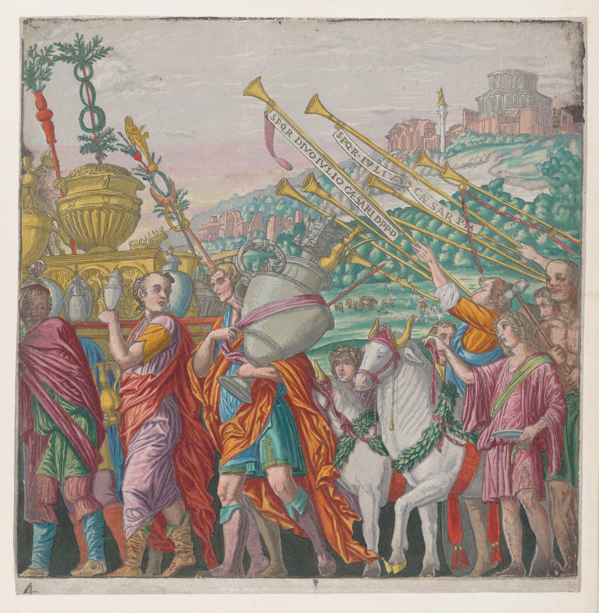 Mannen die trofeeën dragen links, trompetters rechts, uit De Triomf van Julius Caesar door Bernardo Malpizzi
