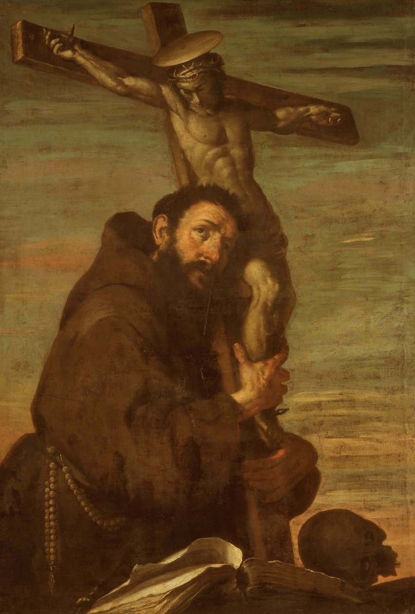 Franciscus van Assisi die een kruisbeeld omarmt door Bernardo Strozzi