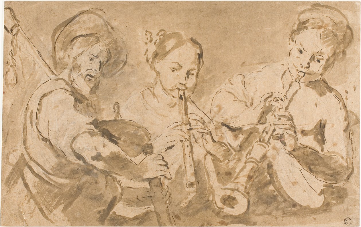 Drie muzikanten spelen hoorns en pijp door Bernardo Strozzi